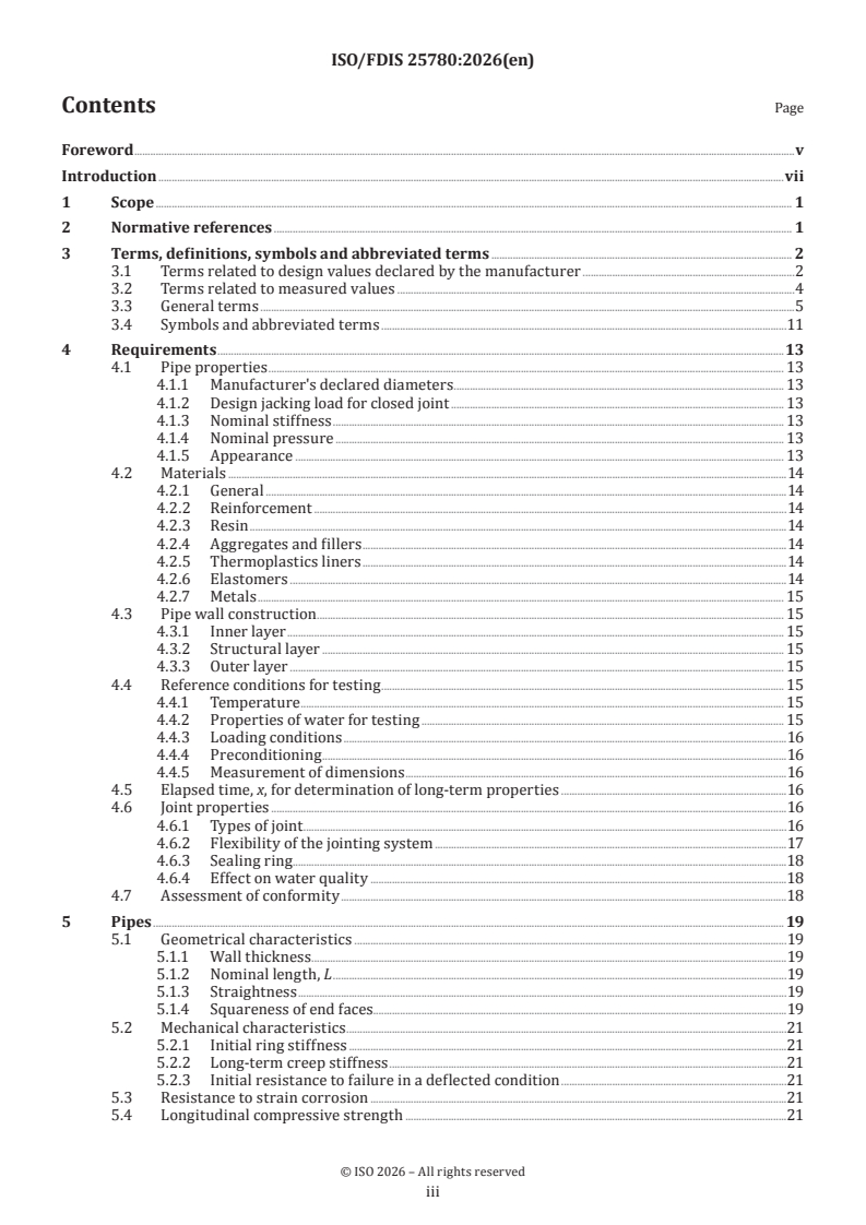 ISO/FDIS 25780 ISO/FDIS 25780 - Plastics piping systems for pressure and non-pressure water supply, drainage or sewerage — Glass-reinforced thermosetting plastics (GRP) systems based on unsaturated polyester (UP) resin — Pipes with flexible joints intended to be installed using jacking techniques - Page 3 preview