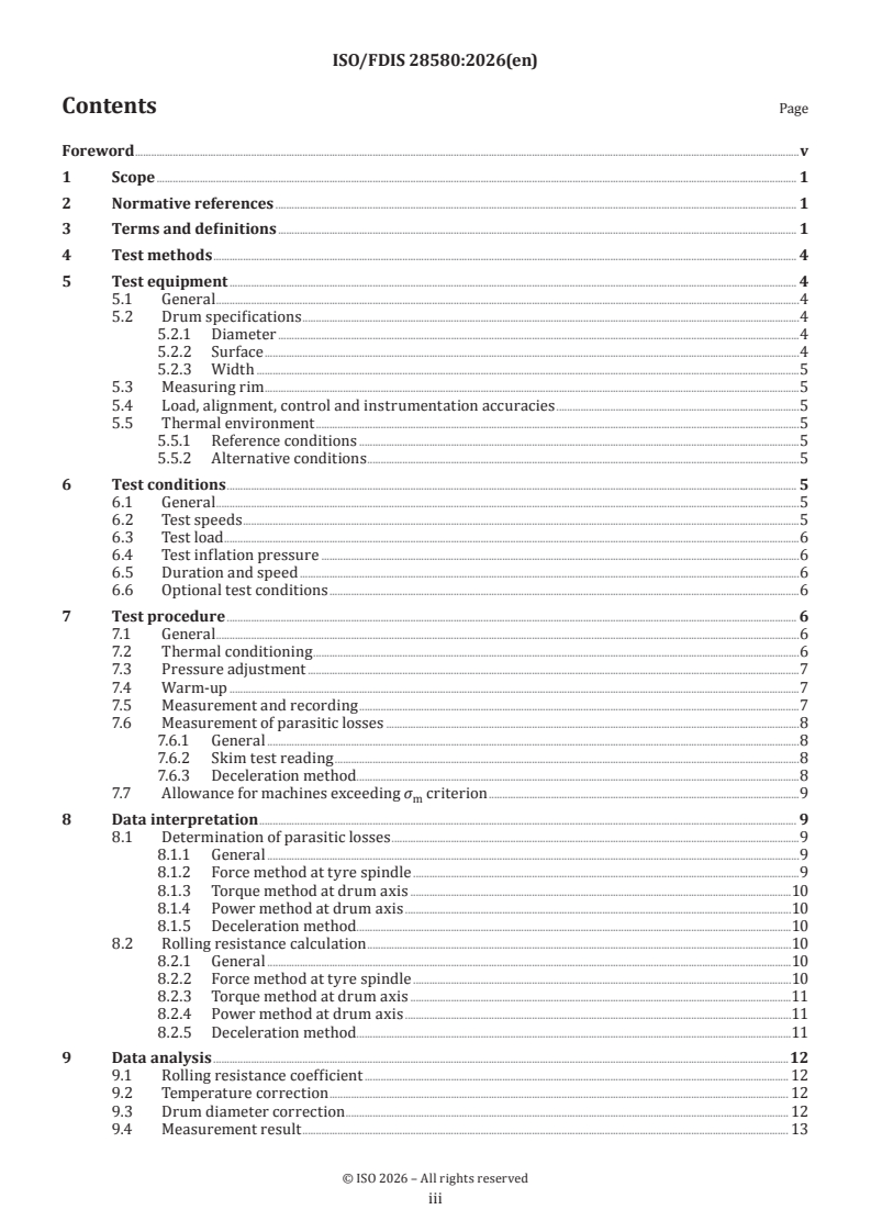 ISO/FDIS 28580 ISO/FDIS 28580 - Passenger car, truck and bus tyre rolling resistance measurement methods — Single point test and correlation of measurement results - Page 3 preview