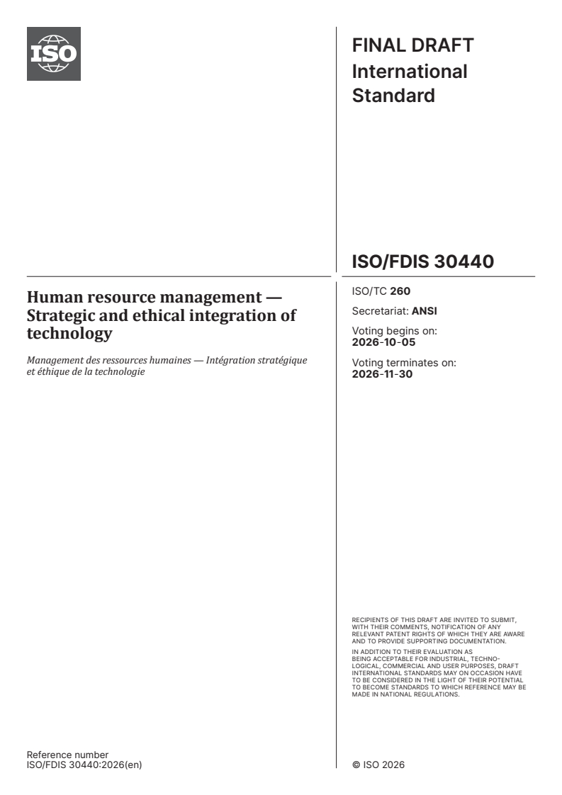 ISO/FDIS 30440 ISO/FDIS 30440 - Human resource management — Strategic and ethical integration of technology - Page 1 preview
