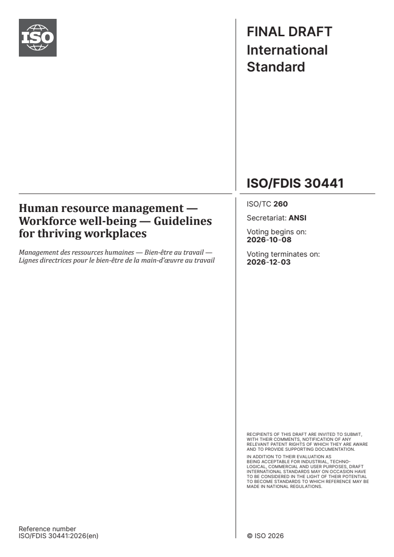 ISO/FDIS 30441 ISO/FDIS 30441 - Human resource management — Workforce well-being — Guidelines for thriving workplaces - Page 1 preview