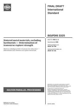 ISO 3325 ISO/FDIS 3325 - Sintered metal materials, excluding hardmetals — Determination of transverse rupture strength
Released:9/25/2025 - Page 1 preview