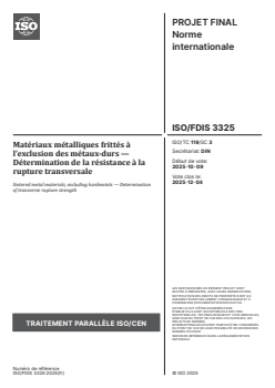 ISO 3325 ISO/FDIS 3325 - Matériaux métalliques frittés à l’exclusion des métaux-durs — Détermination de la résistance à la rupture transversale
Released:22. 10. 2025 - Page 1 preview