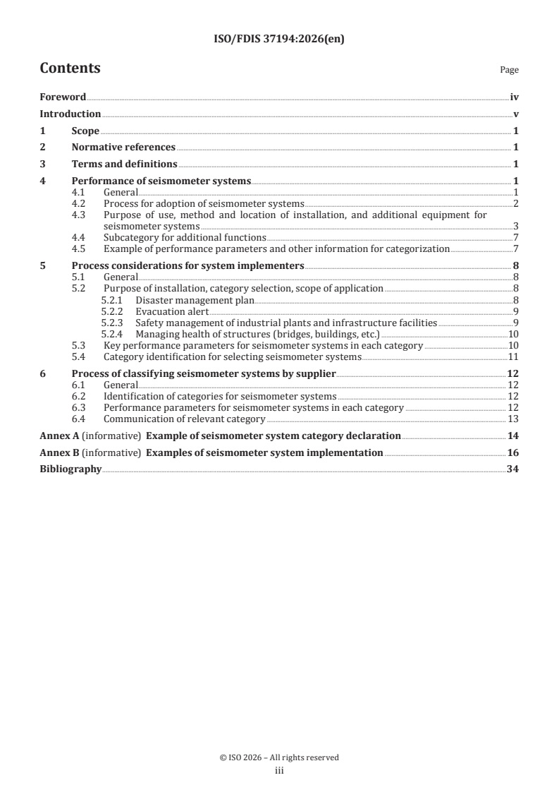 ISO 37194 ISO/FDIS 37194 - Smart community infrastructures — Disaster risk reduction — Guidance for the process of selecting seismometer systems suitable for specific purposes - Page 3 preview