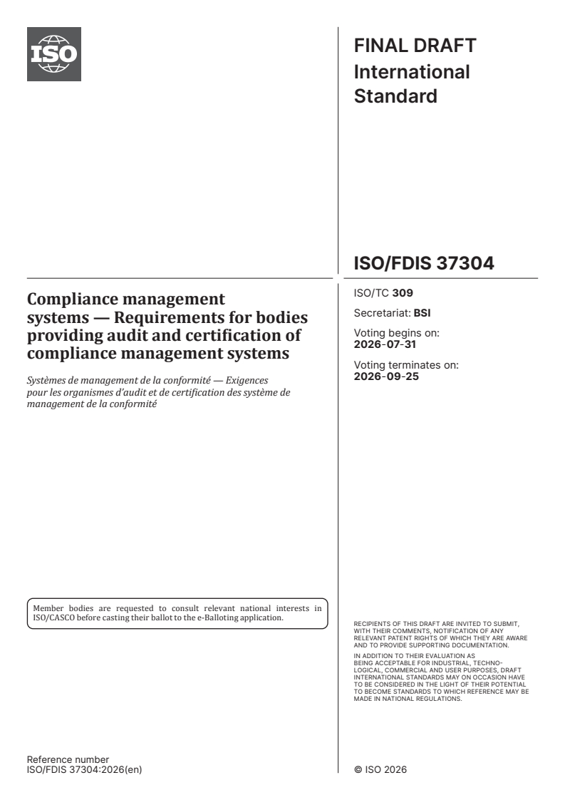 ISO 37304 ISO/FDIS 37304 - Compliance management systems — Requirements for bodies providing audit and certification of compliance management systems - Page 1 preview