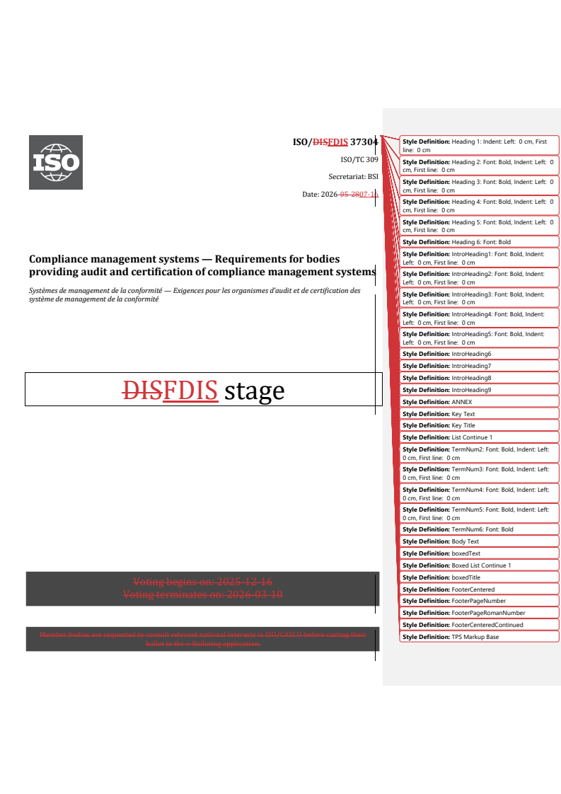ISO 37304 REDLINE ISO/FDIS 37304 - Compliance management systems — Requirements for bodies providing audit and certification of compliance management systems - Page 1 preview