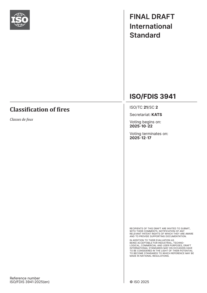 ISO/FDIS 3941 ISO/FDIS 3941 - Classification of fires
Released:10/8/2025