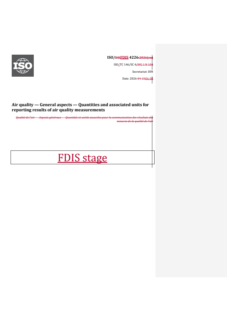 SIST ISO 4226:2026 REDLINE ISO/FDIS 4226 - Air quality — General aspects — Quantities and associated units for reporting results of air quality measurements - Page 1 preview