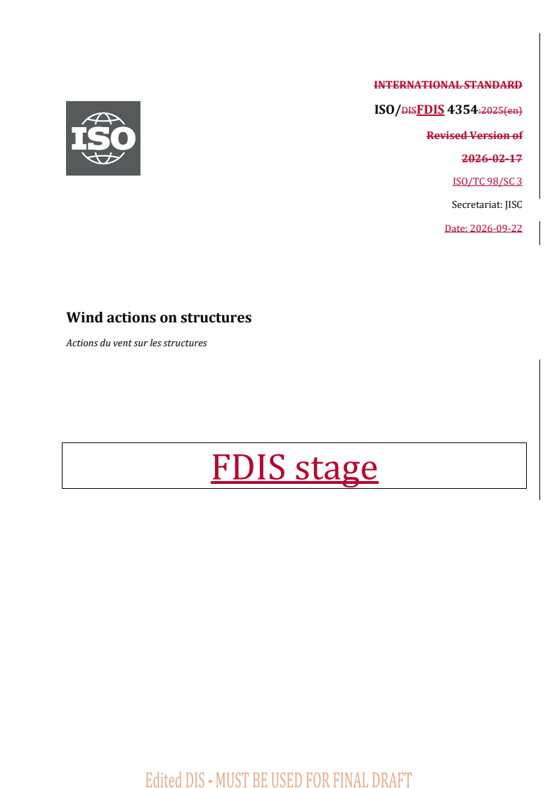 ISO/FDIS 4354 REDLINE ISO/FDIS 4354 - Wind actions on structures - Page 1 preview