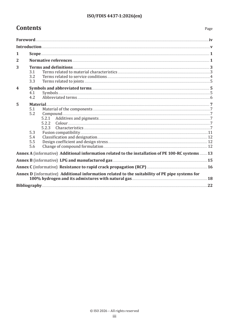 ISO 4437-1 ISO/FDIS 4437-1 - Plastics piping systems for the supply of gaseous fuels — Polyethylene (PE) — Part 1: General - Page 3 preview