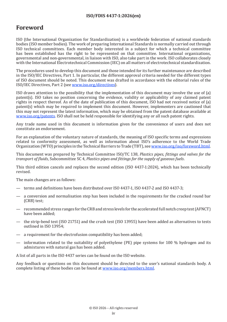 ISO 4437-1 ISO/FDIS 4437-1 - Plastics piping systems for the supply of gaseous fuels — Polyethylene (PE) — Part 1: General - Page 4 preview