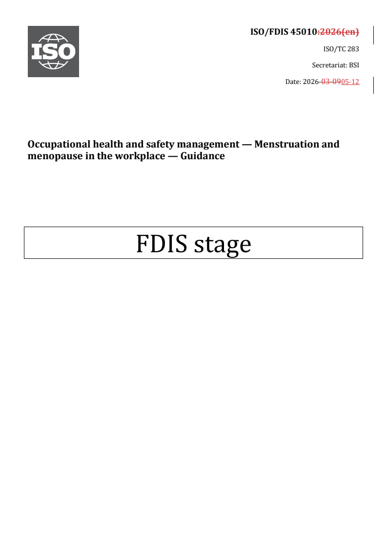 ISO/FDIS 45010 REDLINE ISO/FDIS 45010 - Occupational health and safety management — Menstruation and menopause in the workplace — Guidance - Page 1 preview