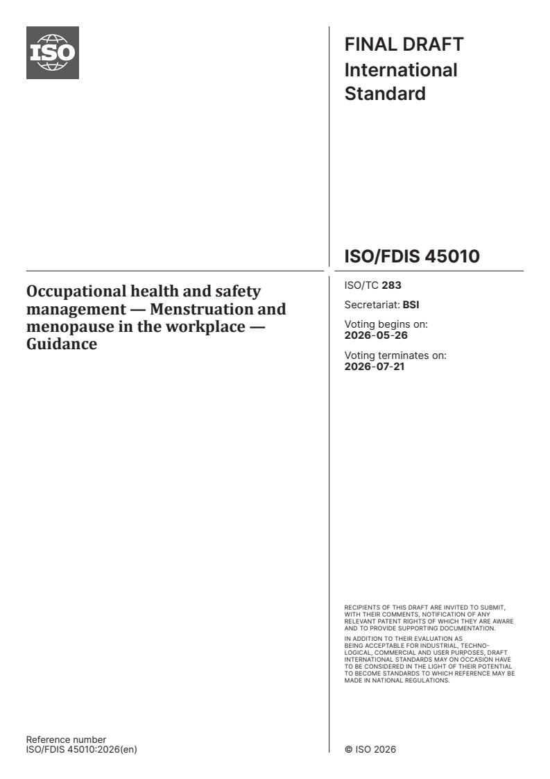 ISO/FDIS 45010 ISO/FDIS 45010 - Occupational health and safety management — Menstruation and menopause in the workplace — Guidance - Page 1 preview