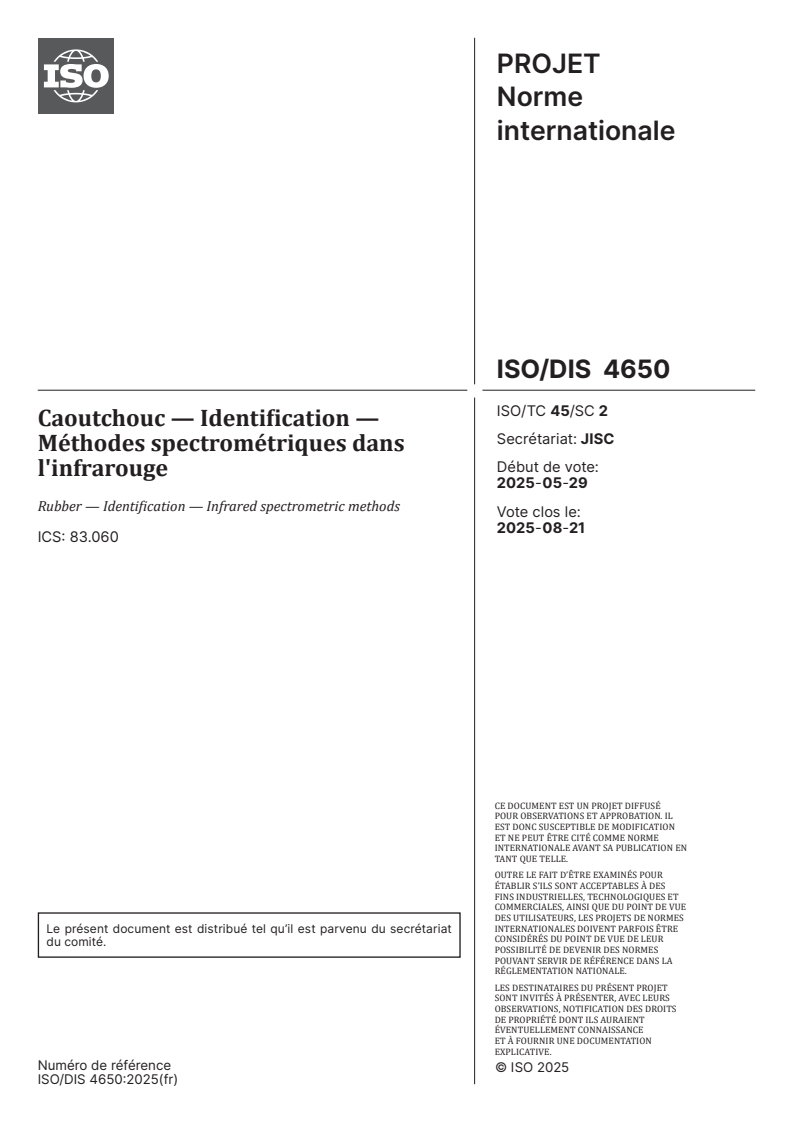 ISO 4650:2026 ISO/FDIS 4650 - Caoutchouc — Identification — Méthodes spectrométriques dans l'infrarouge/7/2025 - Page 1 preview