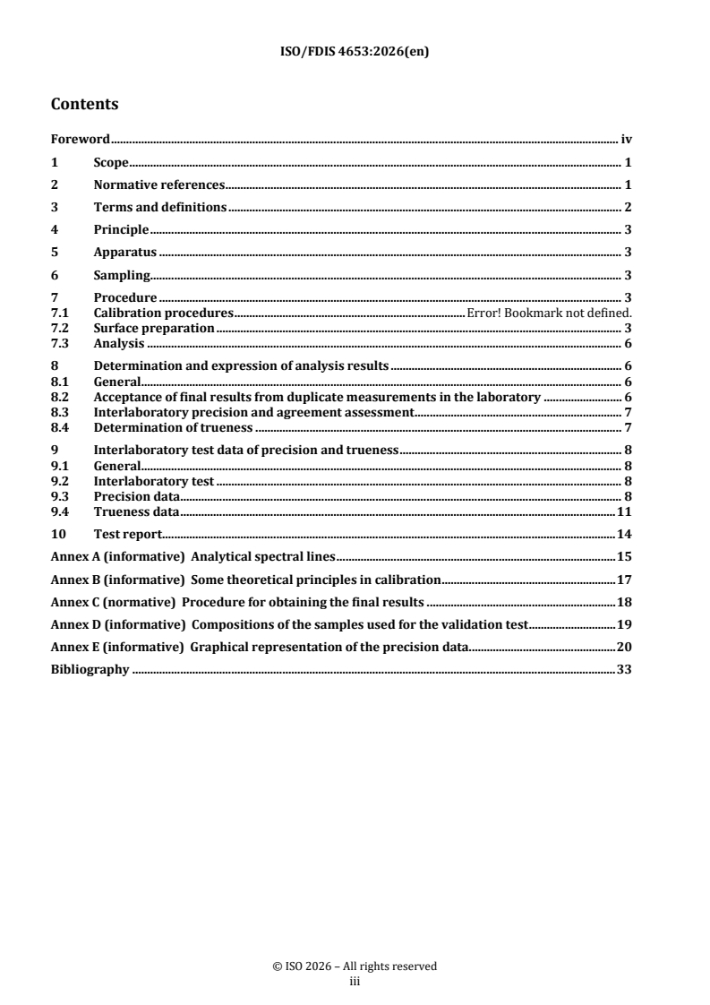 ISO/FDIS 4653 REDLINE ISO/FDIS 4653 - Ferronickel — Determination of carbon, sulfur, silicon, phosphorus, nickel, cobalt, chromium and copper contents — Spark emission spectrometric method - Page 3 preview
