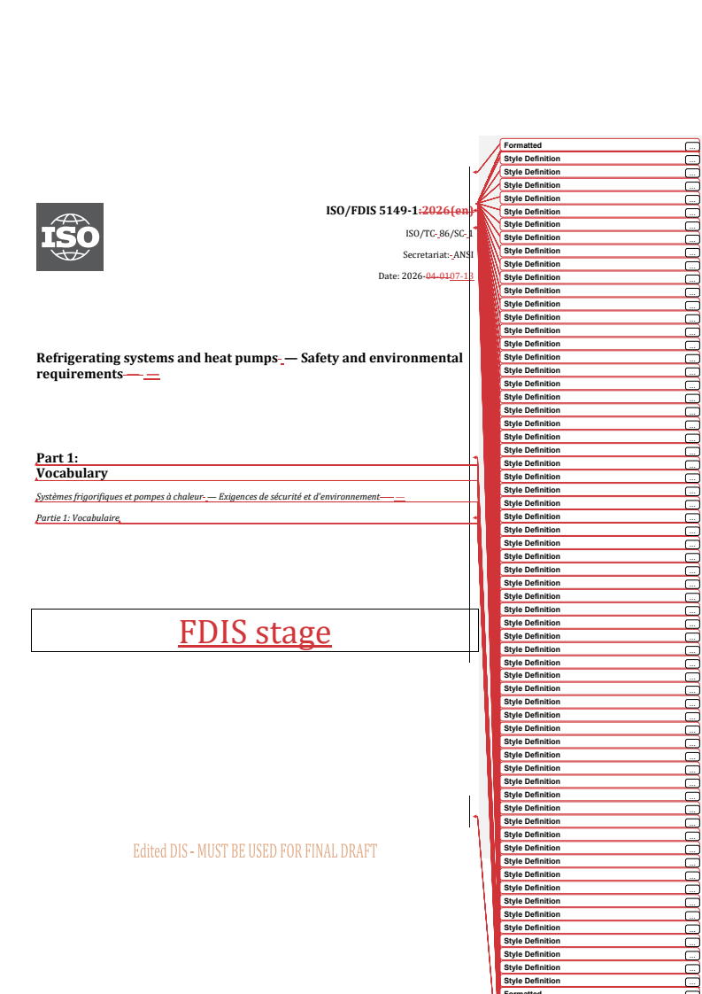 ISO 5149-1 REDLINE ISO/FDIS 5149-1 - Refrigerating systems and heat pumps — Safety and environmental requirements — Part 1: Vocabulary - Page 1 preview