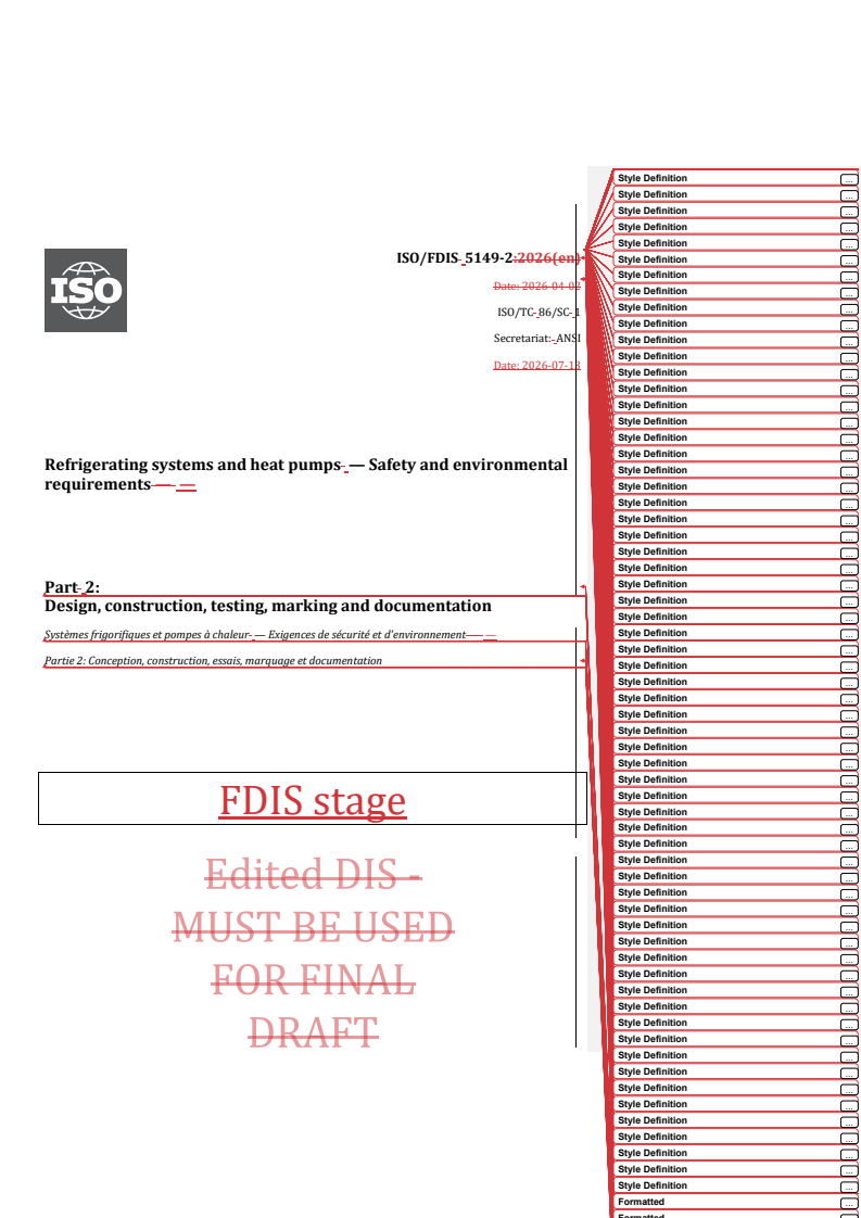ISO 5149-2 REDLINE ISO/FDIS 5149-2 - Refrigerating systems and heat pumps — Safety and environmental requirements — Part 2: Design, construction, testing, marking and documentation - Page 1 preview