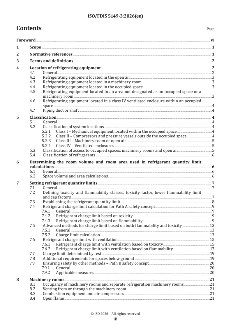 ISO 5149-3 ISO/FDIS 5149-3 - Refrigerating systems and heat pumps — Safety and environmental requirements — Part 3: Installation site, classification and selection criteria - Page 3 preview