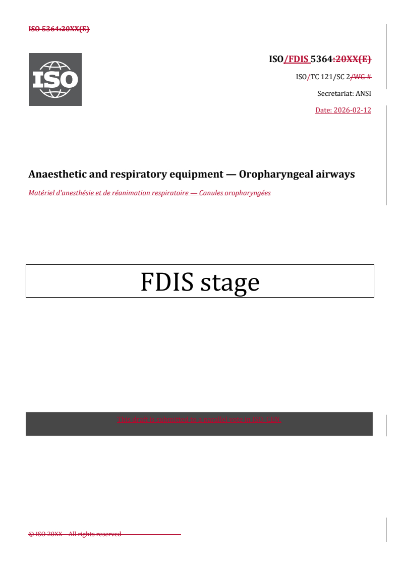 ISO 5364 REDLINE ISO/FDIS 5364 - Anaesthetic and respiratory equipment — Oropharyngeal airways/13/2026 - Page 1 preview
