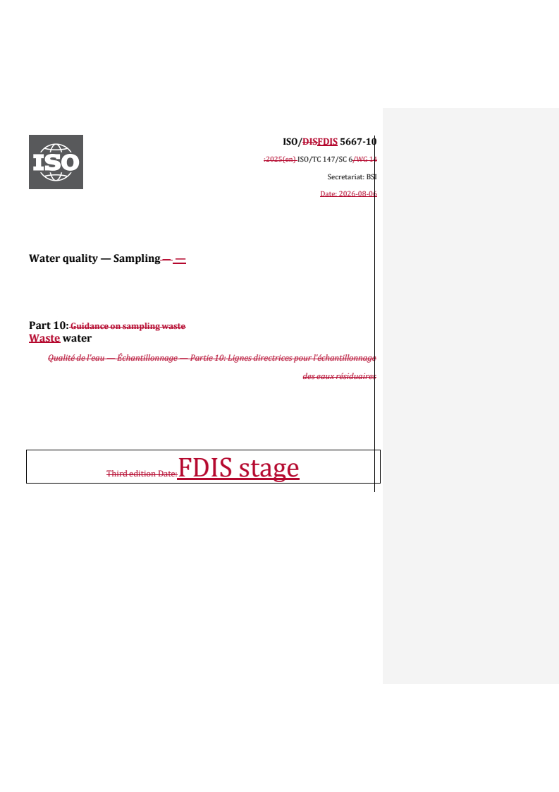 ISO/FDIS 5667-10 REDLINE ISO/FDIS 5667-10 - Water quality — Sampling — Part 10: Waste water - Page 1 preview