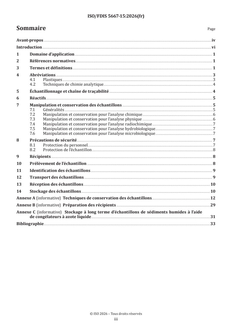 ISO/FDIS 5667-15 ISO/FDIS 5667-15 - Qualité de l’eau — Échantillonnage — Partie 15: Conservation et traitement des échantillons de boues, de sédiments et de matières en suspension - Page 3 preview