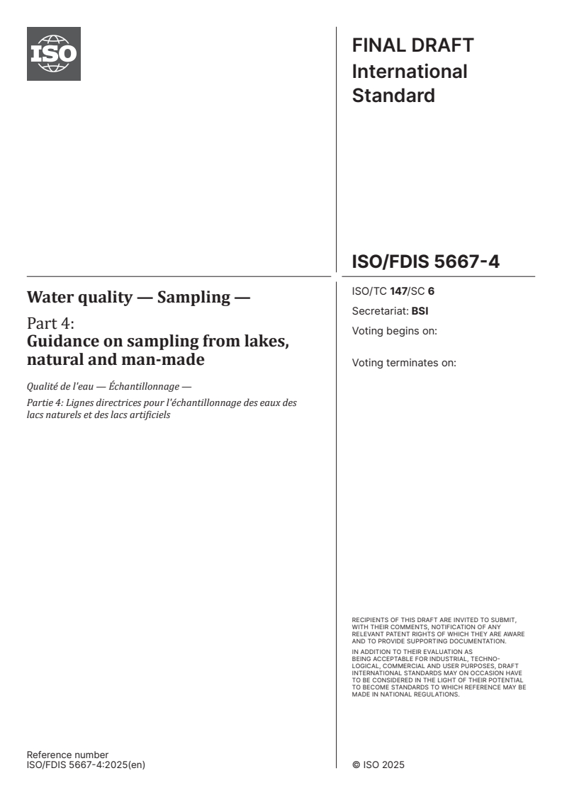 ISO/FDIS 5667-4 - Water quality — Sampling — Part 4: Guidance on sampling from lakes, natural and man-made
Released:10/17/2025