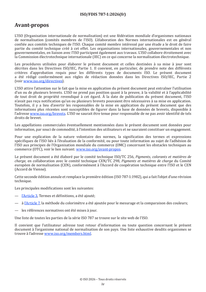 ISO/FDIS 787-1 ISO/FDIS 787-1 - Méthodes générales d'essai des pigments et matières de charge — Partie 1: Comparaison de la couleur des pigments - Page 4 preview