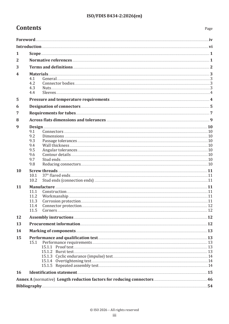 ISO/FDIS 8434-2 ISO/FDIS 8434-2 - Metallic tube connections for fluid power and general use — Part 2: 37 degree flared connectors - Page 3 preview