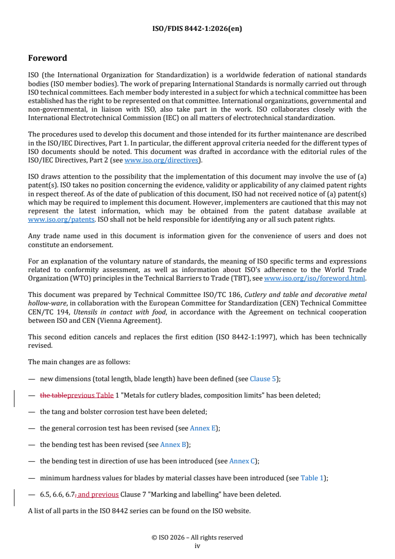 ISO/FDIS 8442-1 REDLINE ISO/FDIS 8442-1 - Materials and articles in contact with foodstuffs — Cutlery and table holloware — Part 1: Requirements for cutlery for the preparation of food - Page 4 preview