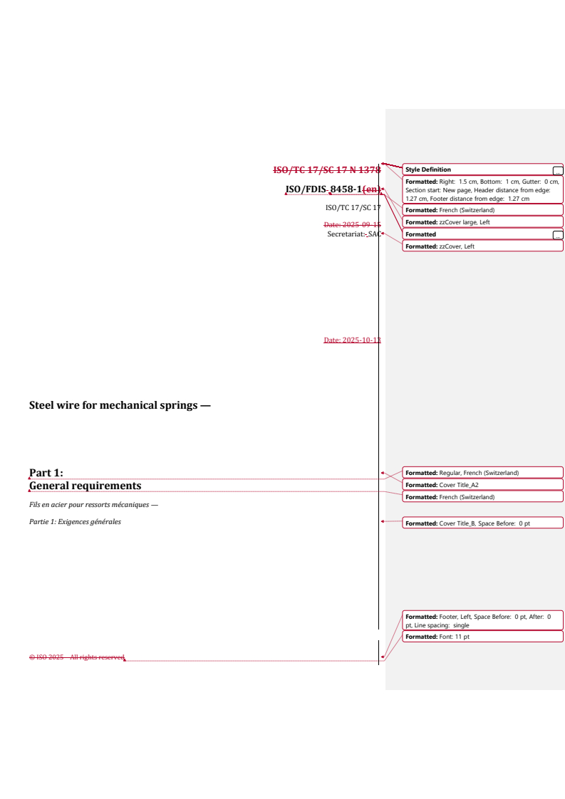 REDLINE ISO/FDIS 8458-1 - Steel wire for mechanical springs — Part 1: General requirements
Released:10/14/2025