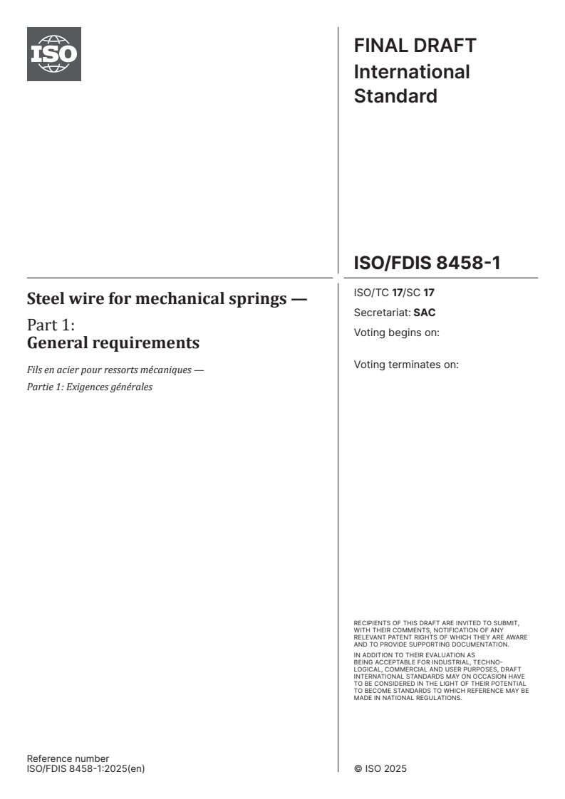 ISO/FDIS 8458-1 - Steel wire for mechanical springs — Part 1: General requirements
Released:10/14/2025