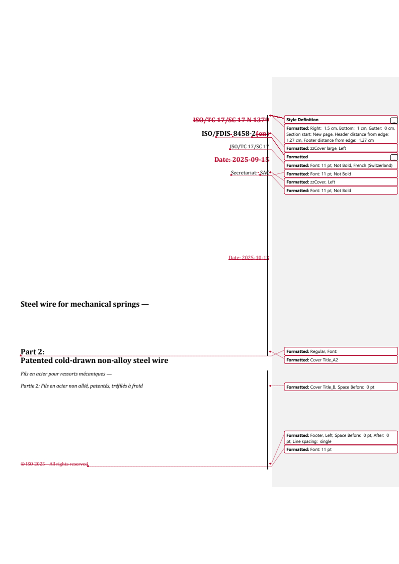 REDLINE ISO/FDIS 8458-2 - Steel wire for mechanical springs — Part 2: Patented cold-drawn non-alloy steel wire
Released:10/14/2025