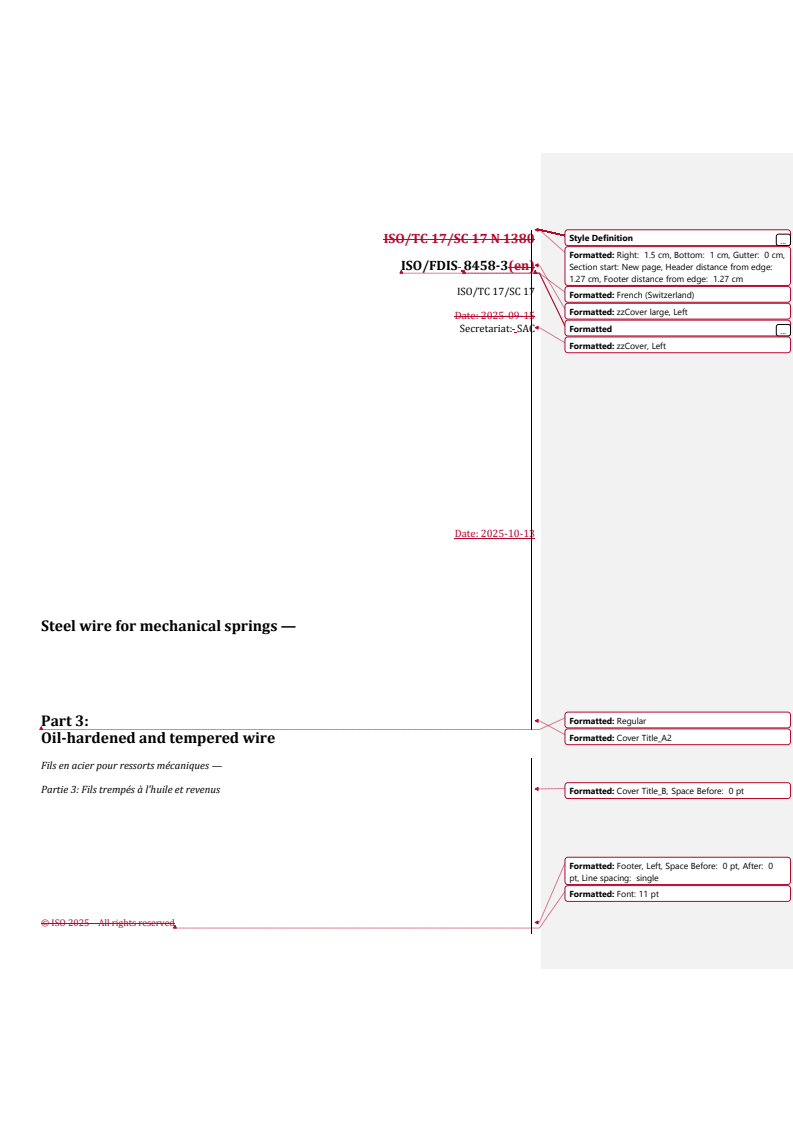 REDLINE ISO/FDIS 8458-3 - Steel wire for mechanical springs — Part 3: Oil-hardened and tempered wire
Released:10/14/2025