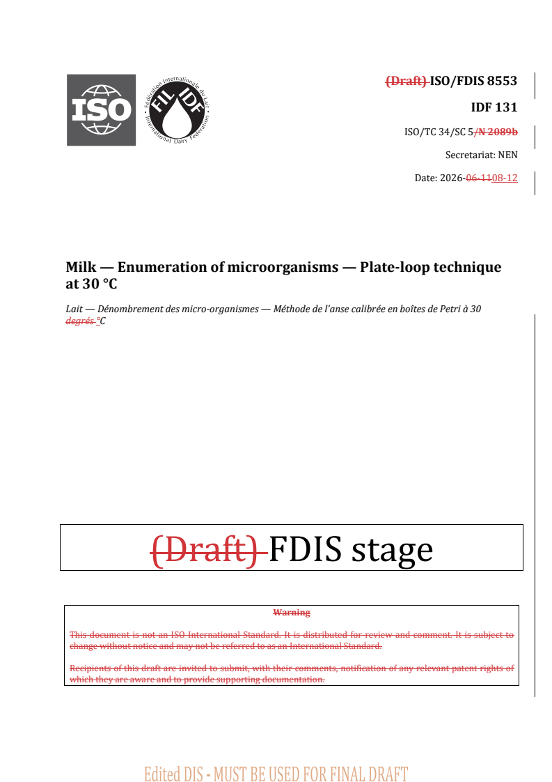 ISO/FDIS 8553 REDLINE ISO/FDIS 8553 - Milk — Enumeration of microorganisms — Plate-loop technique at 30 °C - Page 1 preview
