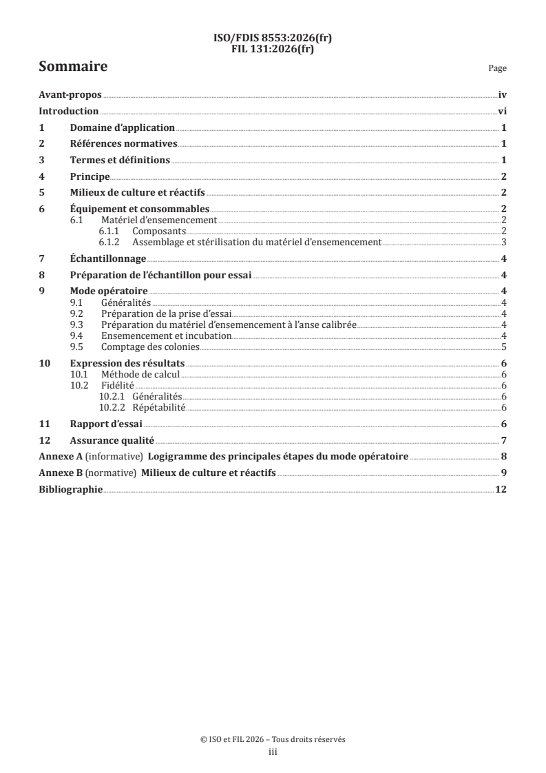 ISO/FDIS 8553 ISO/FDIS 8553 - Lait — Dénombrement des micro-organismes — Méthode de l'anse calibrée en boîtes de Petri à 30 °C - Page 3 preview