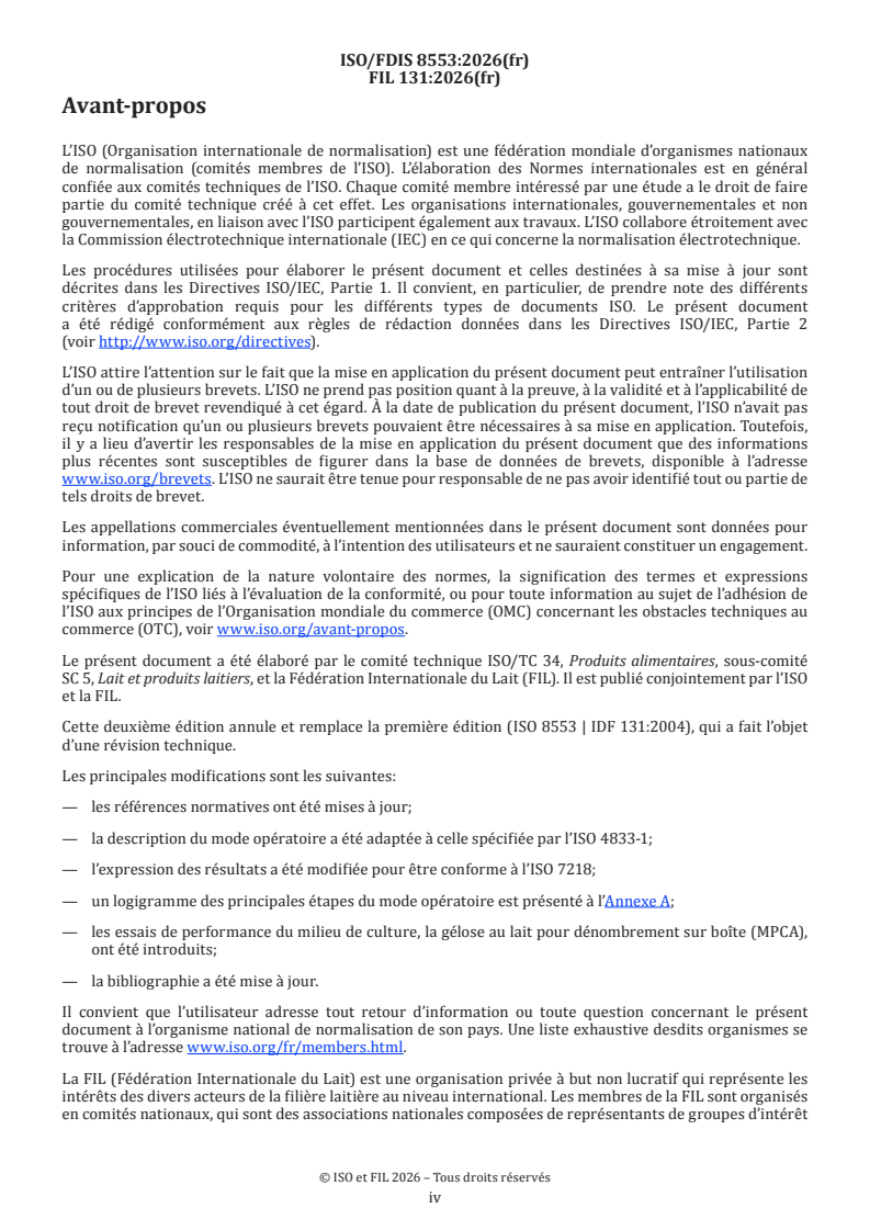ISO/FDIS 8553 ISO/FDIS 8553 - Lait — Dénombrement des micro-organismes — Méthode de l'anse calibrée en boîtes de Petri à 30 °C - Page 4 preview