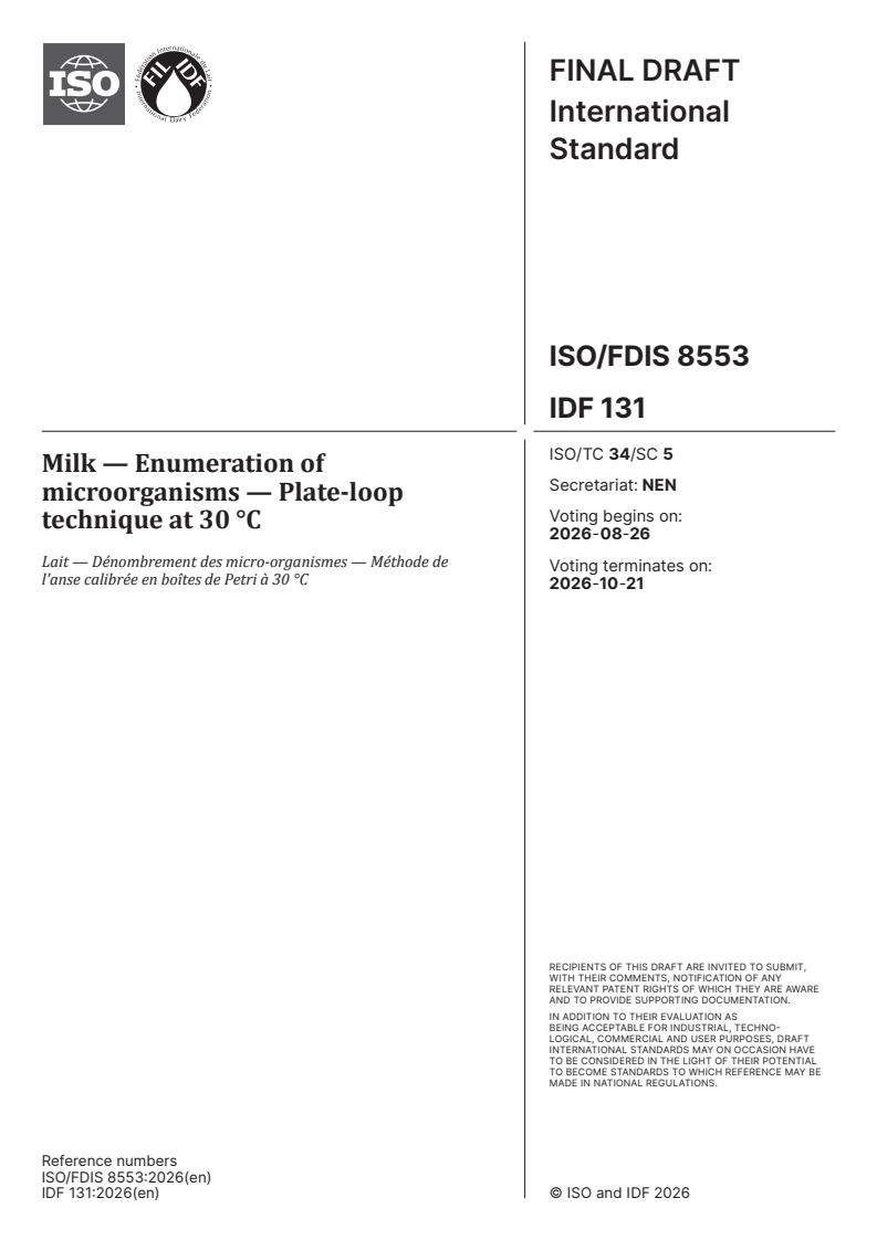 ISO/FDIS 8553 ISO/FDIS 8553 - Milk — Enumeration of microorganisms — Plate-loop technique at 30 °C - Page 1 preview
