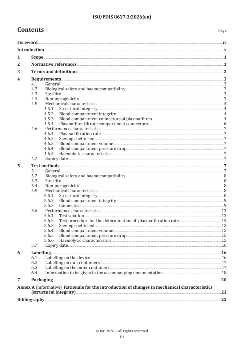 ISO/FDIS 8637-3 ISO/FDIS 8637-3 - Extracorporeal systems for blood purification — Part 3: Plasmafilters - Page 3 preview
