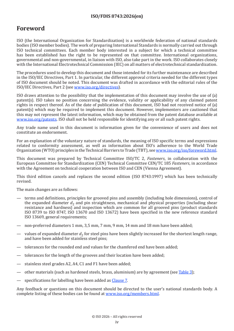 ISO 8743 ISO/FDIS 8743 - Fasteners — Grooved pins — Half-length centre grooved/10/2026 - Page 4 preview
