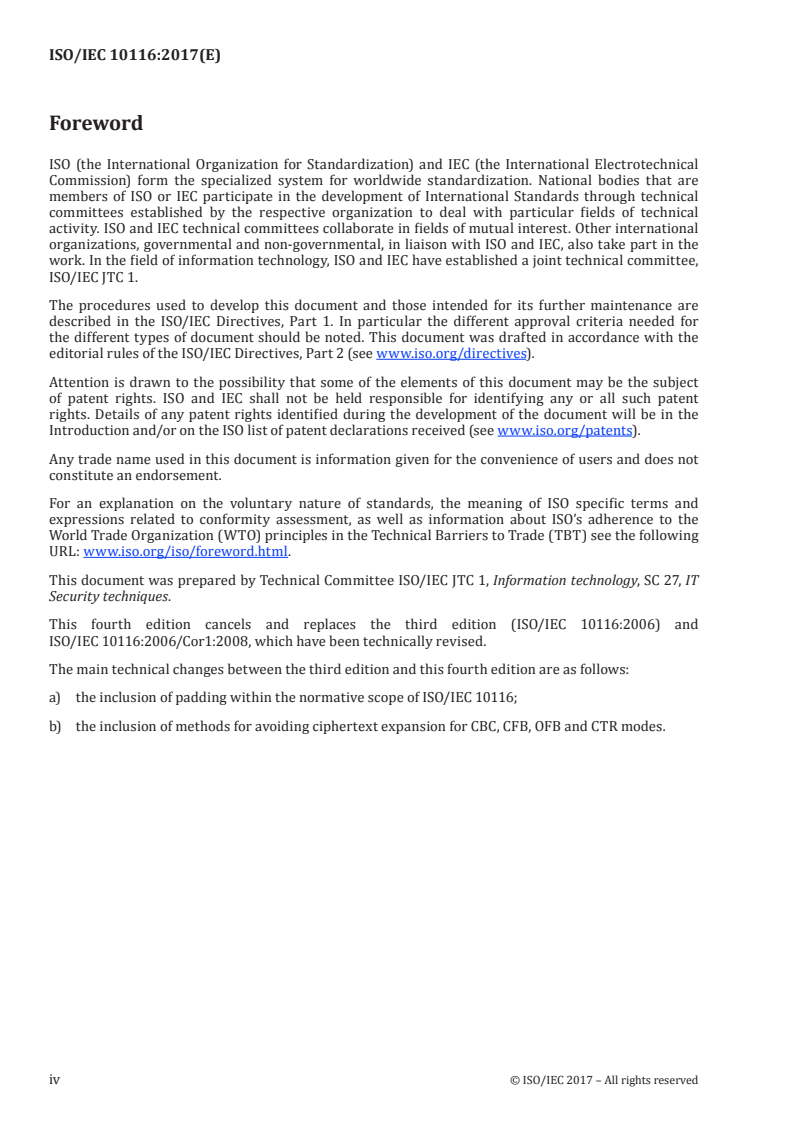 ISO/IEC 10116:2017 ISO/IEC 10116:2017 - Information technology — Security techniques — Modes of operation for an n-bit block cipher/11/2017 - Page 4 preview