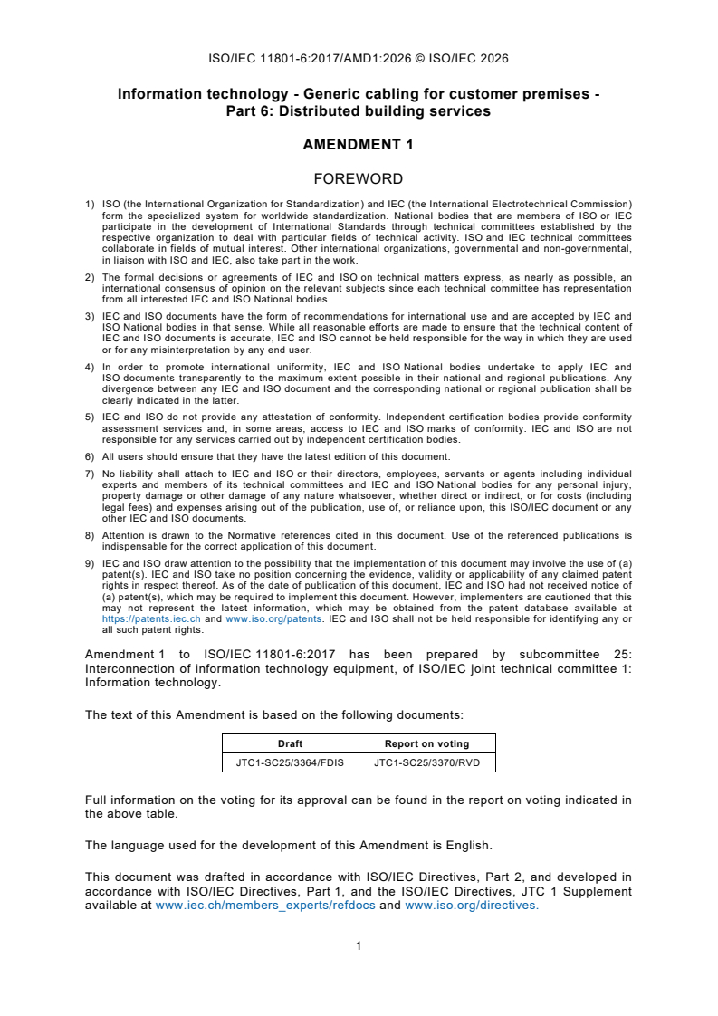 ISO/IEC 11801-6:2017/Amd 1:2026 ISO/IEC 11801-6:2017/Amd 1:2026 - Information technology — Generic cabling for customer premises — Part 6: Distributed building services — Amendment 1 - Page 3 preview