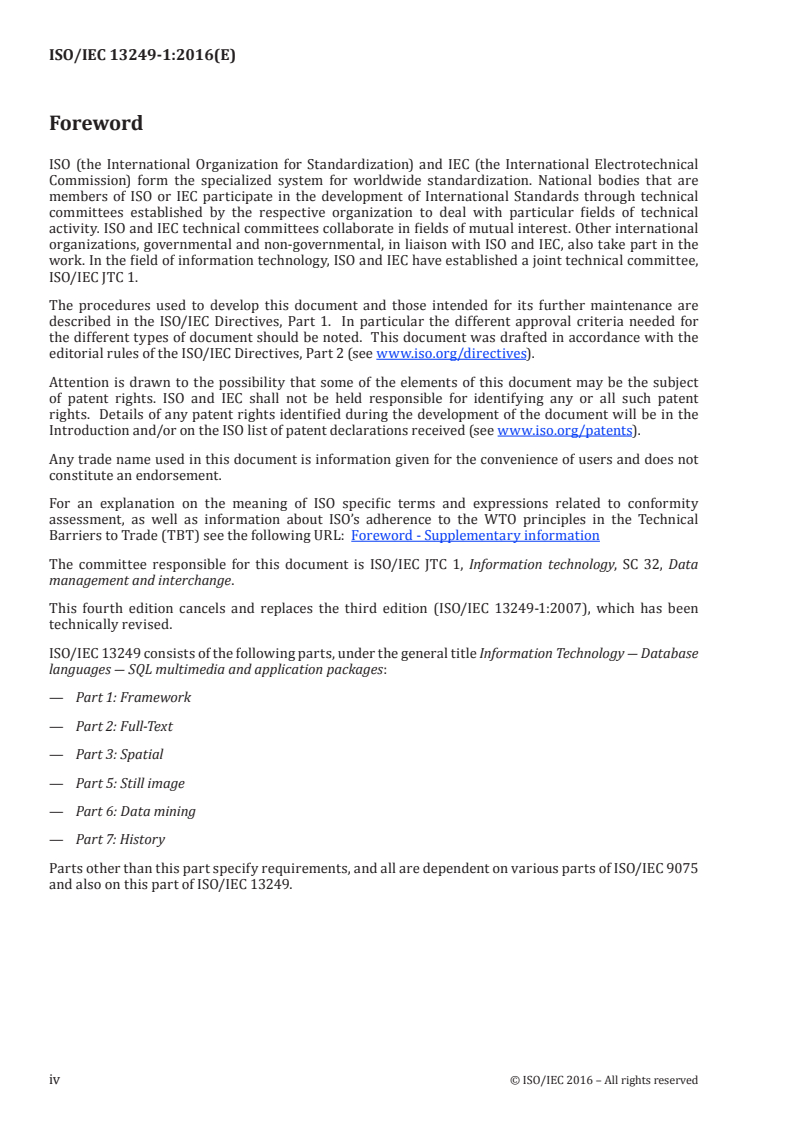 ISO/IEC 13249-1:2016 ISO/IEC 13249-1:2016 - Information technology — Database languages — SQL multimedia and application packages — Part 1: Framework/27/2016 - Page 4 preview