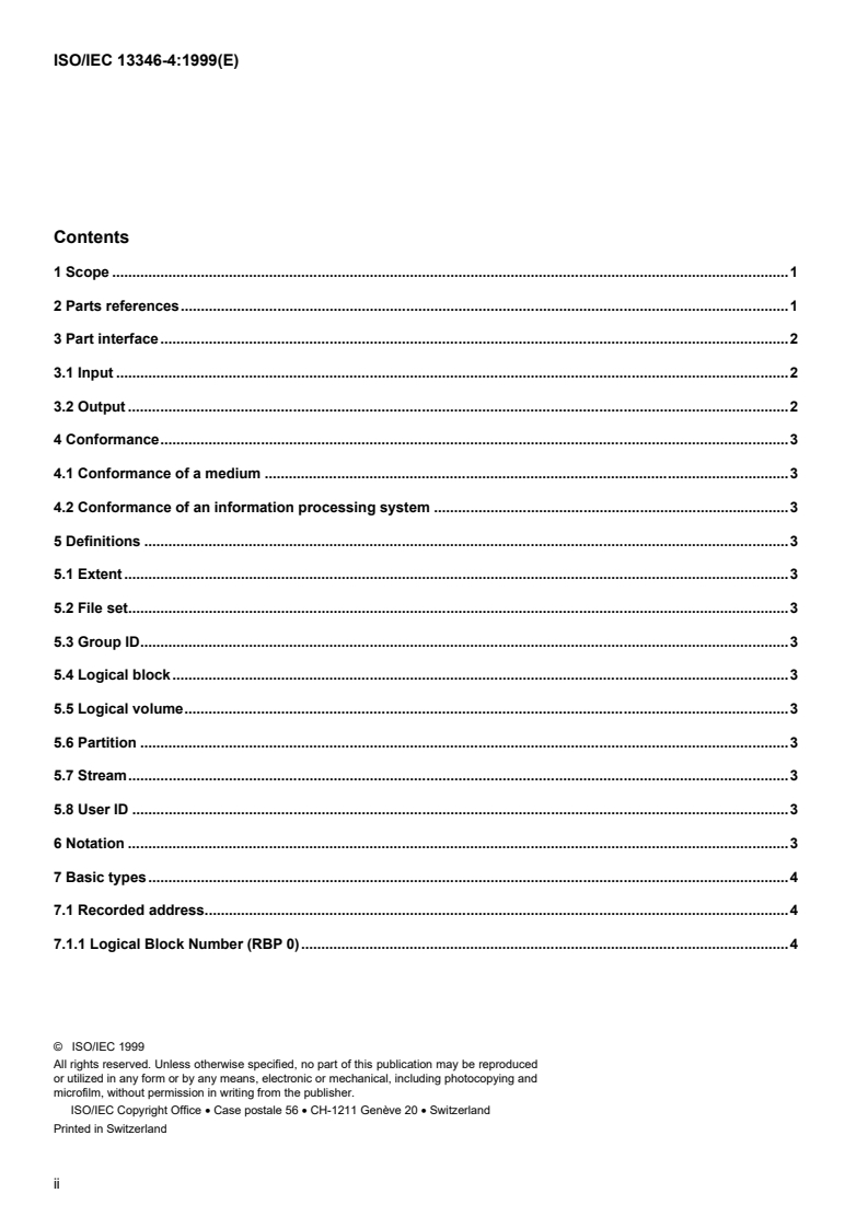 ISO/IEC 13346-4:1999 ISO/IEC 13346-4:1999 - Information technology — Volume and file structure of write-once and rewritable media using non-sequential recording for information interchange — Part 4: File structure/1/1999 - Page 2 preview