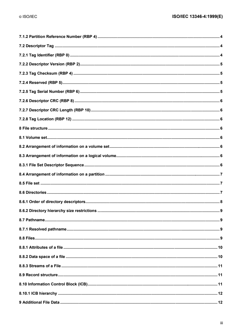 ISO/IEC 13346-4:1999 ISO/IEC 13346-4:1999 - Information technology — Volume and file structure of write-once and rewritable media using non-sequential recording for information interchange — Part 4: File structure/1/1999 - Page 3 preview