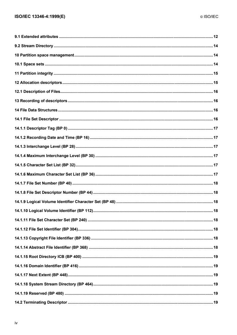 ISO/IEC 13346-4:1999 ISO/IEC 13346-4:1999 - Information technology — Volume and file structure of write-once and rewritable media using non-sequential recording for information interchange — Part 4: File structure/1/1999 - Page 4 preview