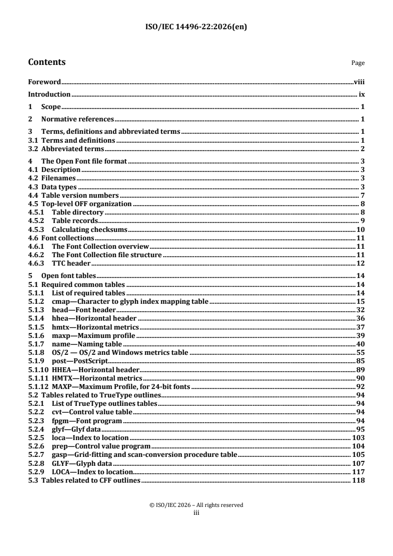 ISO/IEC 14496-22:2026 ISO/IEC 14496-22:2026 - Information technology — Coding of audio-visual objects — Part 22: Open font format - Page 3 preview