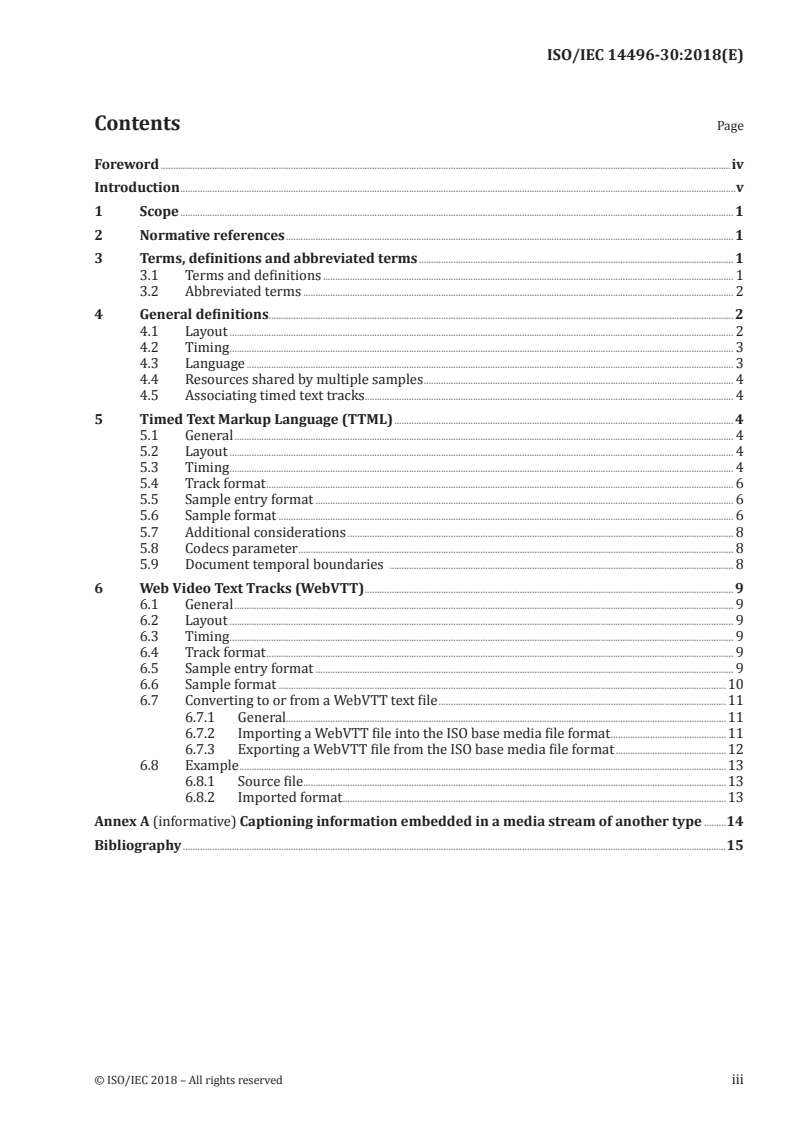 ISO/IEC 14496-30:2018 ISO/IEC 14496-30:2018 - Information technology — Coding of audio-visual objects — Part 30: Timed text and other visual overlays in ISO base media file format/7/2018 - Page 3 preview