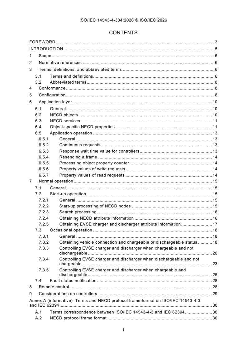 ISO/IEC 14543-4-304:2026 ISO/IEC 14543-4-304:2026 - Information technology — Home electronic system (HES) architecture — Part 4-304: Application protocol for electric vehicle supply equipment (EVSE) charger and dischargers and controllers - Page 3 preview