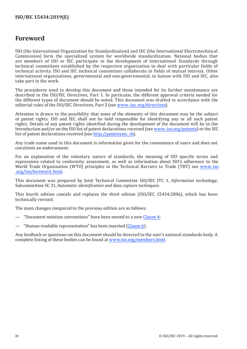 ISO/IEC 15434:2019 ISO/IEC 15434:2019 - Information technology — Automatic identification and data capture techniques — Syntax for high-capacity ADC media/27/2019 - Page 4 preview