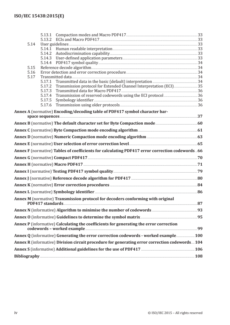 ISO/IEC 15438:2015 ISO/IEC 15438:2015 - Information technology — Automatic identification and data capture techniques — PDF417 bar code symbology specification/14/2015 - Page 4 preview