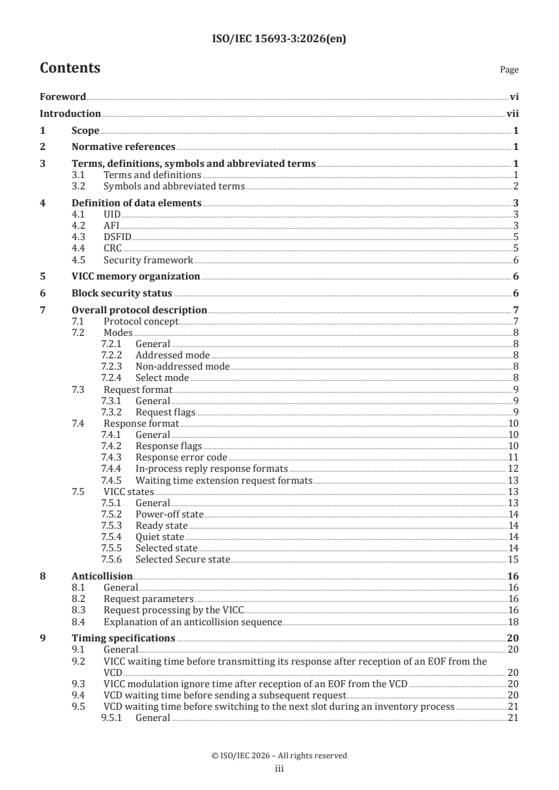 ISO/IEC 15693-3:2026 ISO/IEC 15693-3:2026 - Cards and security devices for personal identification — Contactless vicinity objects — Part 3: Anticollision and transmission protocol - Page 3 preview